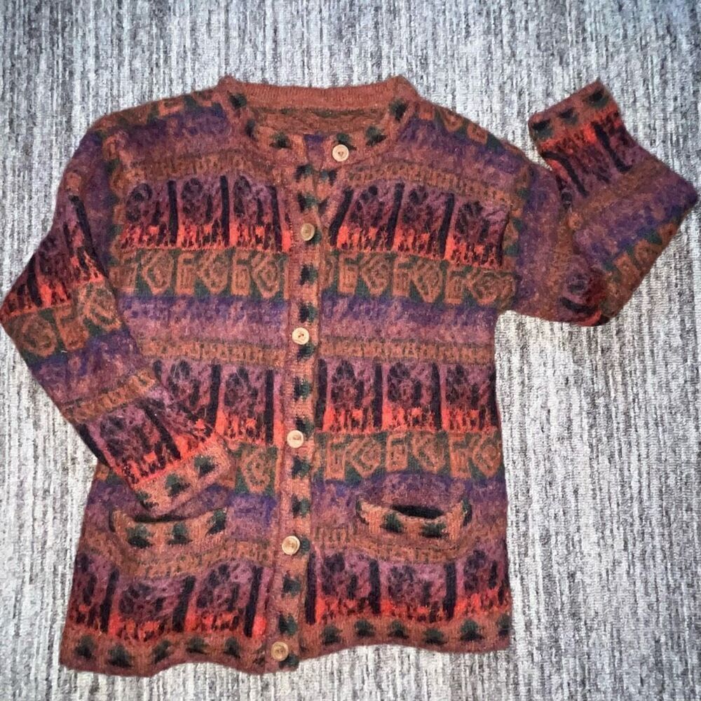 Vintageโ Womenโs Size Small AlpacaโWool Cardigan Sweater Multicolor Button Up